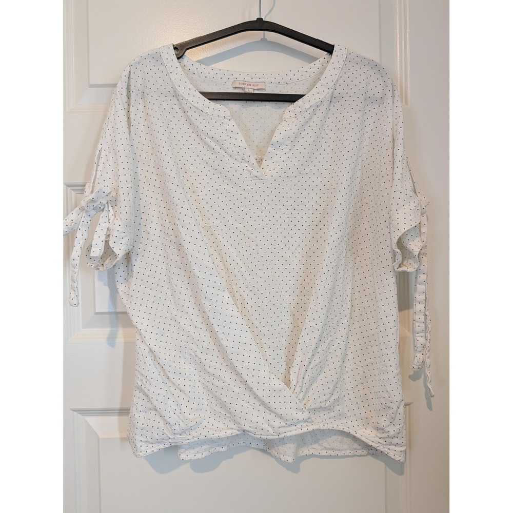 Skies Are Blue White Star Print Twist Front Tie Sleeve Cotton Blouse
